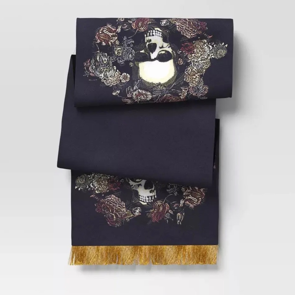 Velvet black skull and floral table runner with gold tassels by Threshold NWT